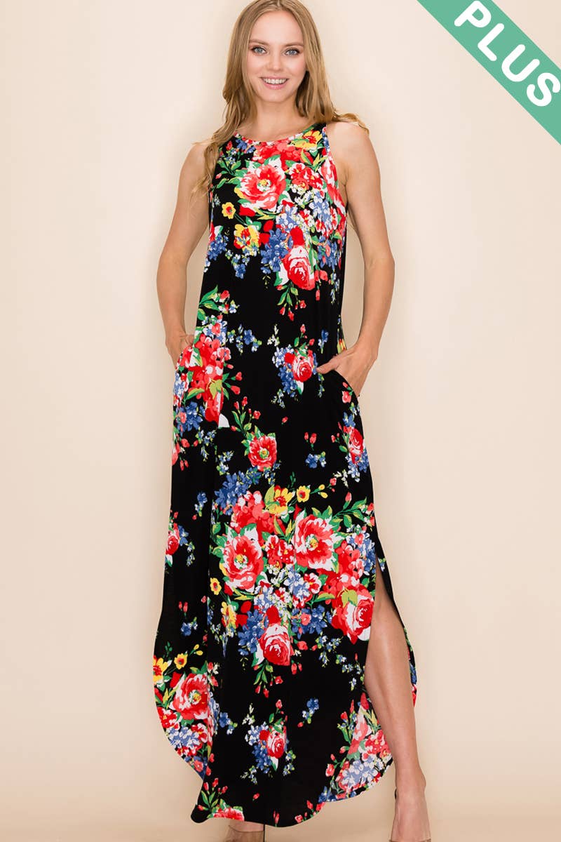 FLORAL PRINT MAXI SLIT DRESS: 2X