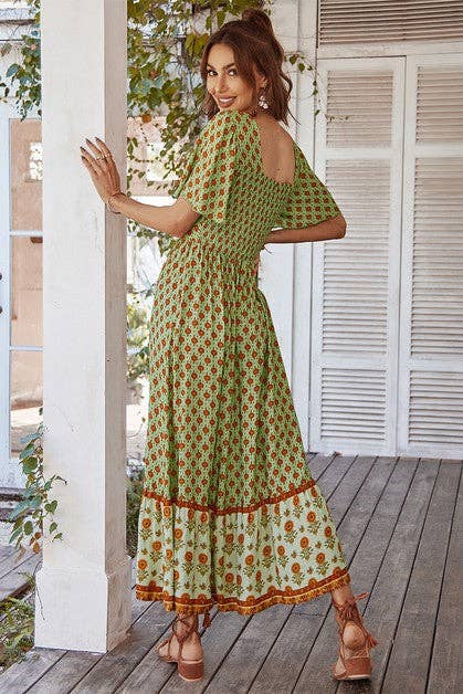 Square Neck Short Sleeve Floral Dress: GREEN
