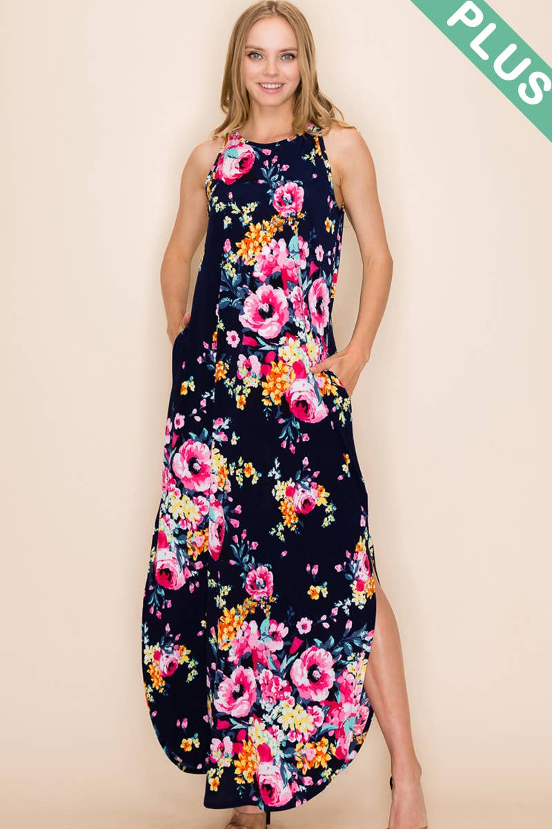 FLORAL PRINT MAXI SLIT DRESS: 2X