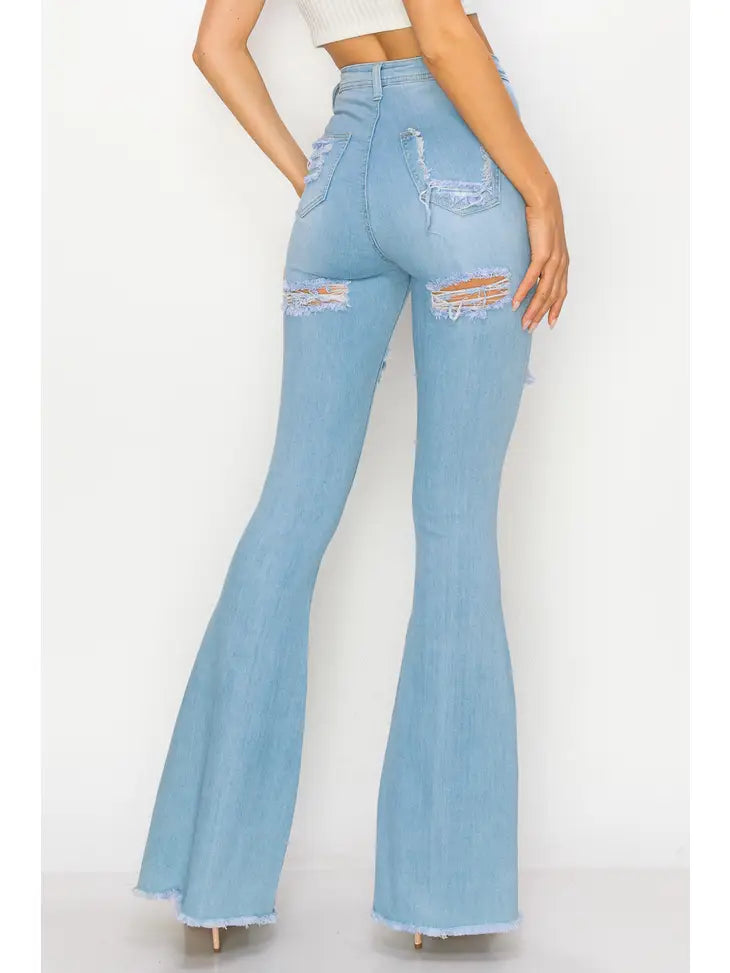 HIGH WAISTED DISTRESSED BELL BOTTOMS WOMEN JEANS