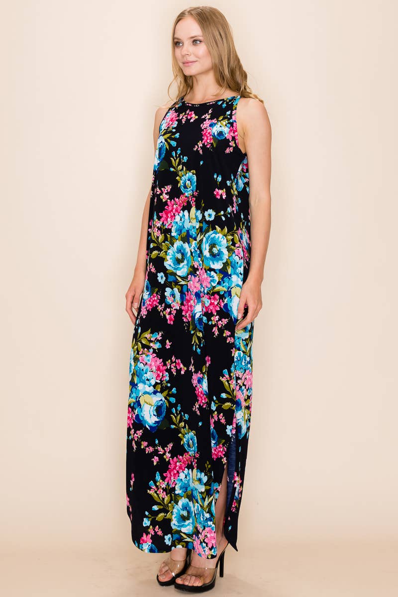 FLORAL PRINT MAXI SLIT DRESS: 2X