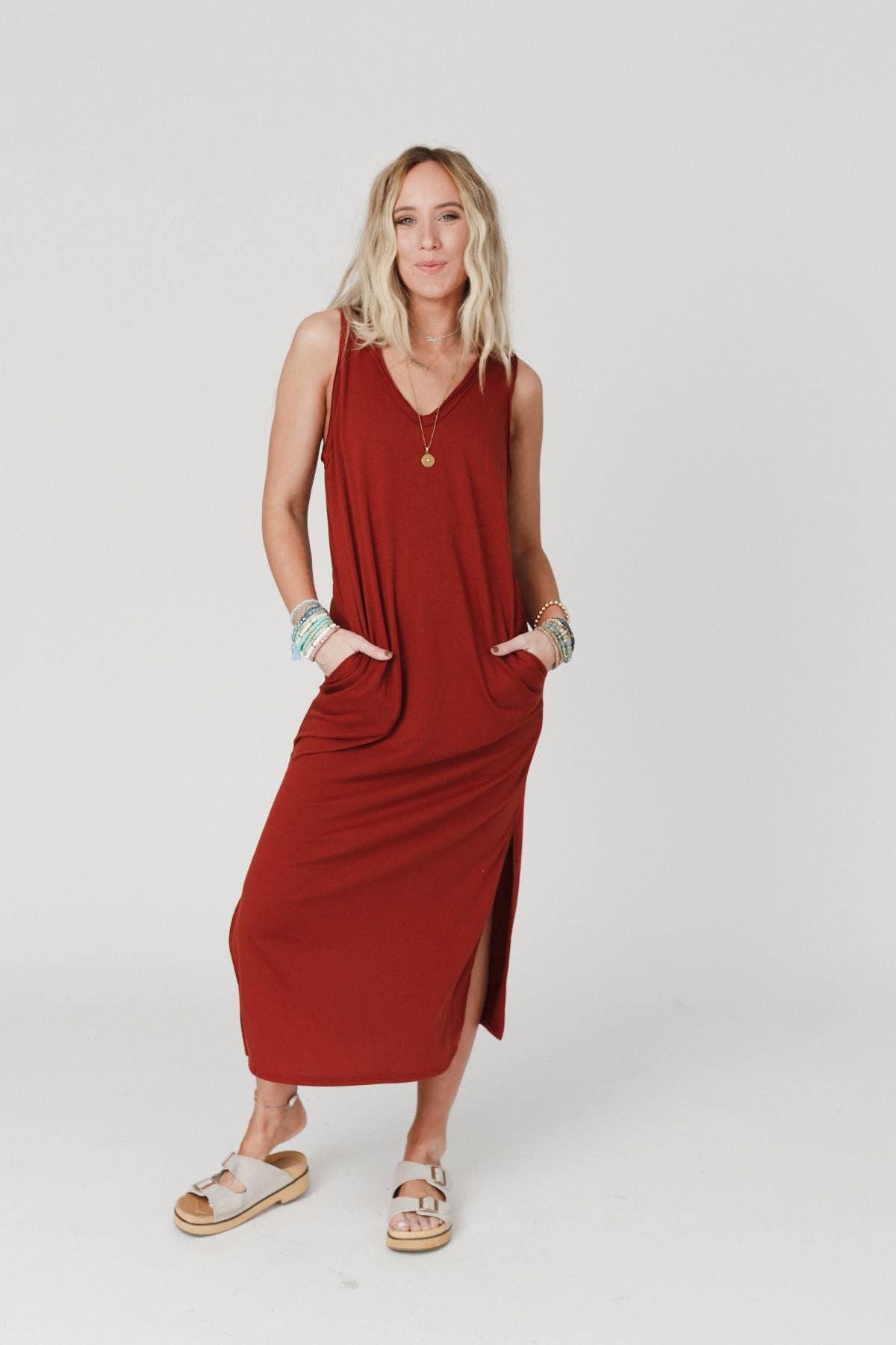 Forever Favorite Sleeveless Slit Maxi Dress - Brick: S