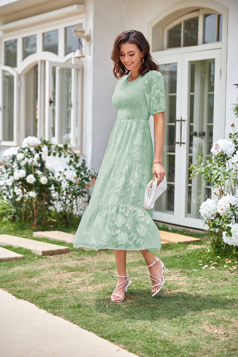 Puff Sleeve Smocked Floral Lace Flowy Dresse: Light Green