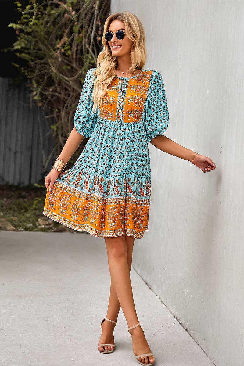 Drawstring Half Puff Sleeve Floral Swing Short Dress: BLUE