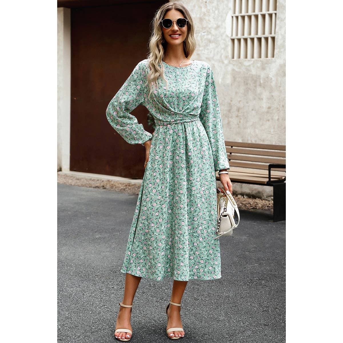 Floral Print Shirred Detail Ruffle Hem Dress: GREEN