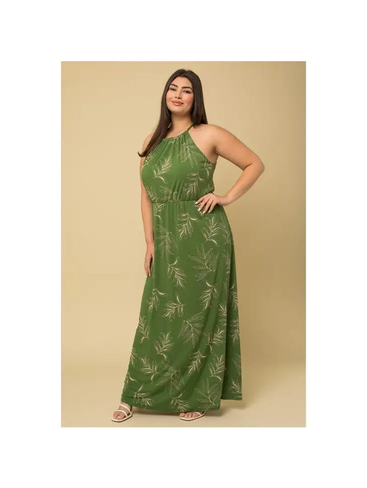 PLUS SIZE LEAF PRINT HALTER NECK MAXI DRESS