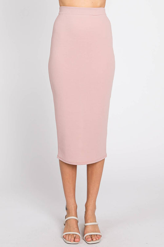 Solid midi pencil skirt with slit back dusty rose