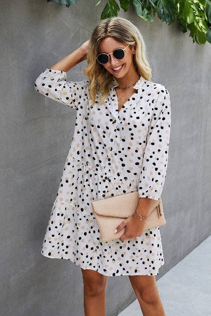 Polka Dot Long Sleeve Button Dress: WHITE