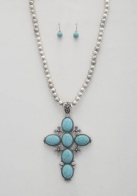 TURQUOISE BEAD CROSS PENDANT BALL BEAD NECKLACE HNE-6532