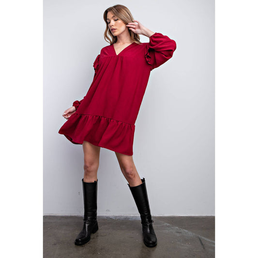 PLUS V-NECK PEASANT SLEEVES DRESS WITH RUFFLE HEM: BURGUNDY