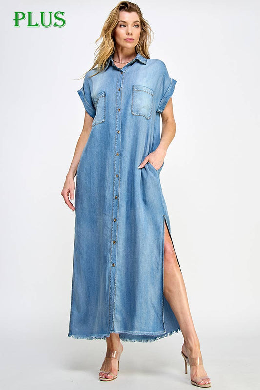 Short Sleeve Maxi Denim Dress Plus Size- bleachout