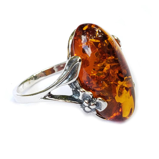 Cognac Amber Sterling Silver Flower Ring