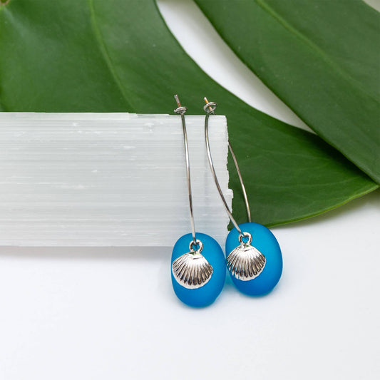 Carmen Ocean Blue Sea Glass Seashell Charm Drop Earrings