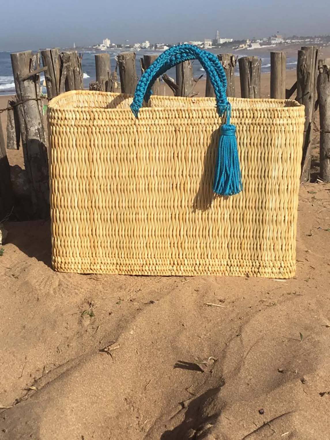 Large Straw Beach Basket with Blue Handles and Pompom