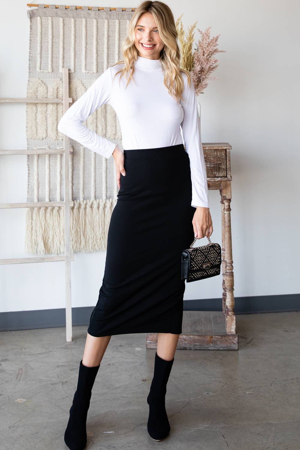 Solid midi pencil skirt with slit back