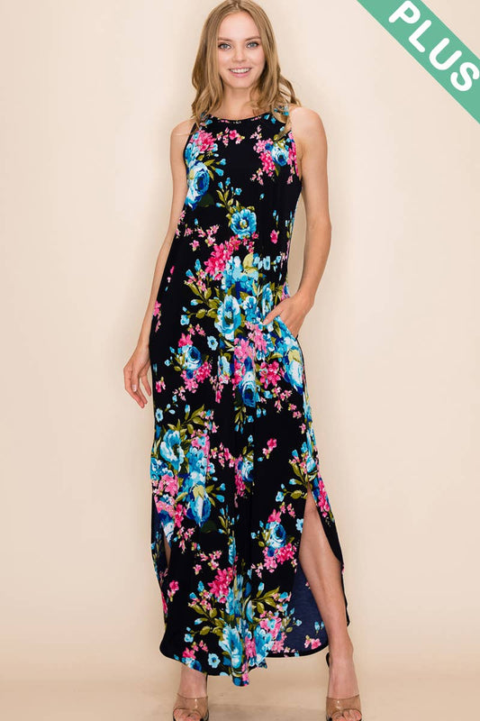 FLORAL PRINT MAXI SLIT DRESS:  1X