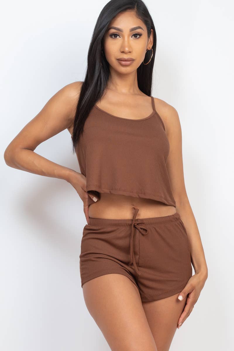 Ribbed Strappy Top & Shorts Lounge Set