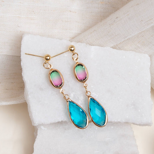 Leesha Faceted Blue & Pink Gem Teardrop Drop Earring