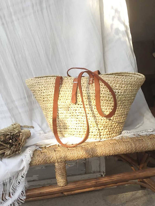 Rafia Beach Basket With Leather Stripes