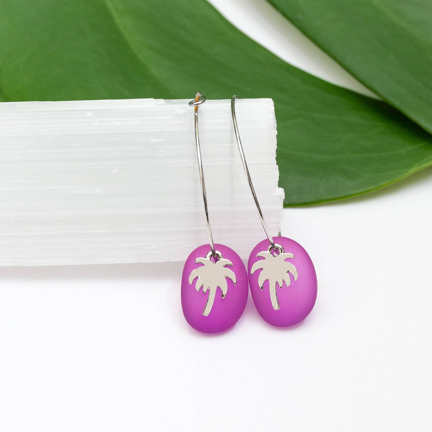 Carmen Violet Sea Glass Palm Tree Charm Drop Earrings