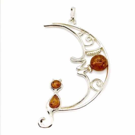 Cognac Amber Sterling Silver Cat/Moon Pendant