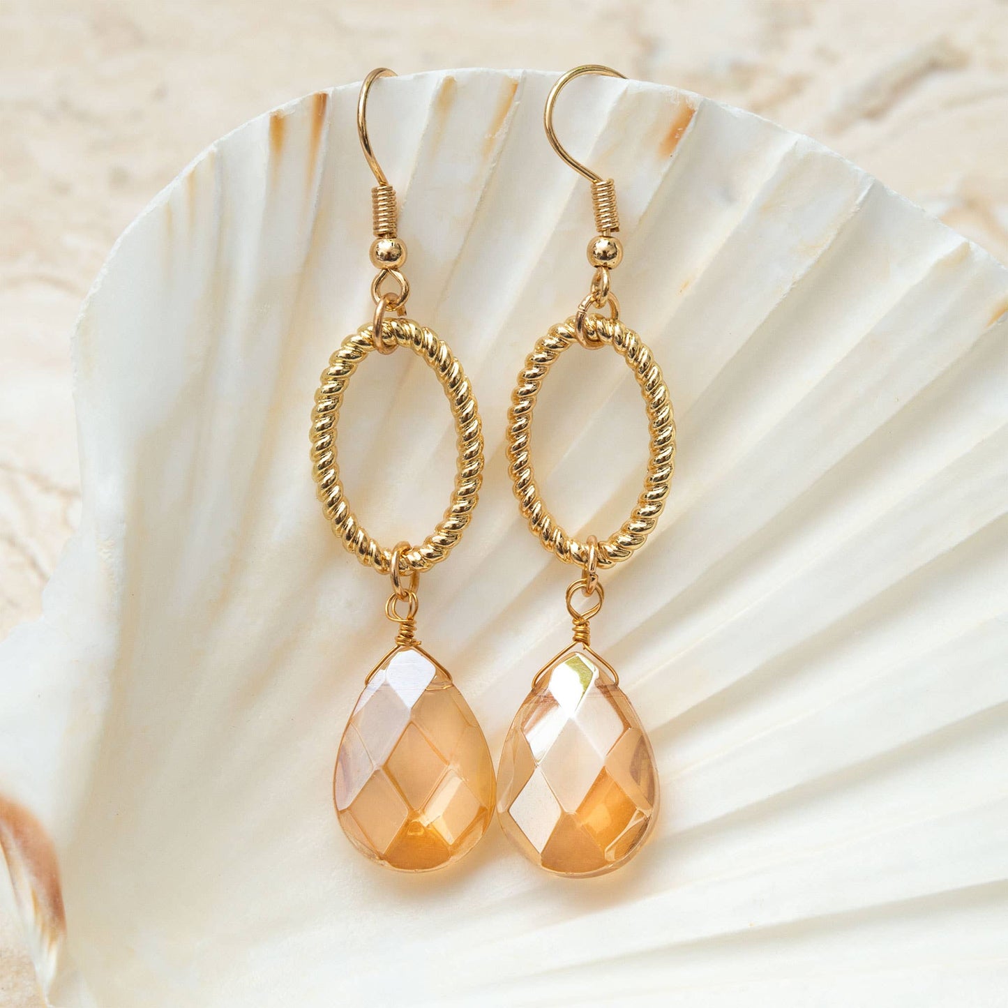 Saba Topaz Faceted Glass Gem Gold Drop Earrings