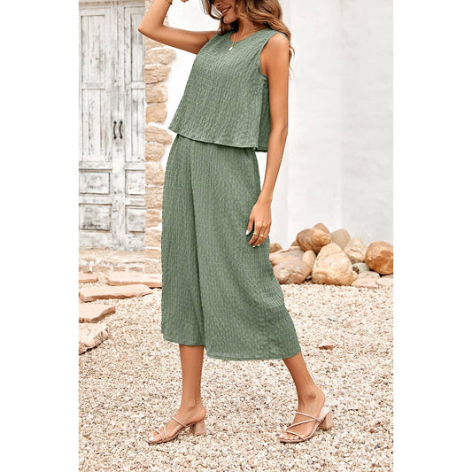 Sleeveless Solid Ruffle Loose Fit Wide Leg Sets: GREEN