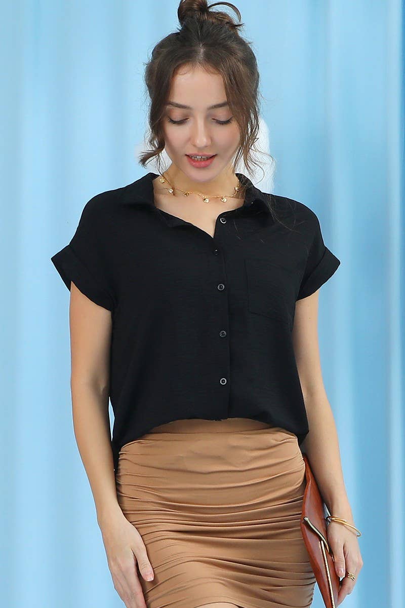 SINGLE BREASTED ROLLED SHORT SLEEVE BLOUSE SHIRT