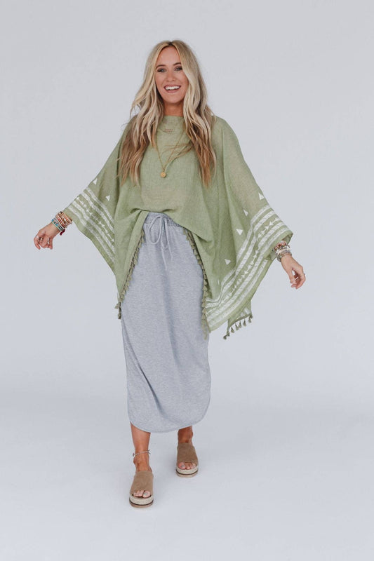 Fallon Embroidered Sleeve Tassel Poncho - Sage