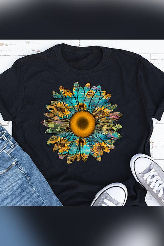 Turquoise Sunflower Print Short Sleeve Graphic Tee