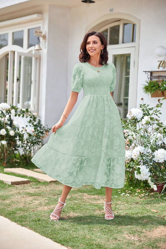 Puff Sleeve Smocked Floral Lace Flowy Dresse: Light Green