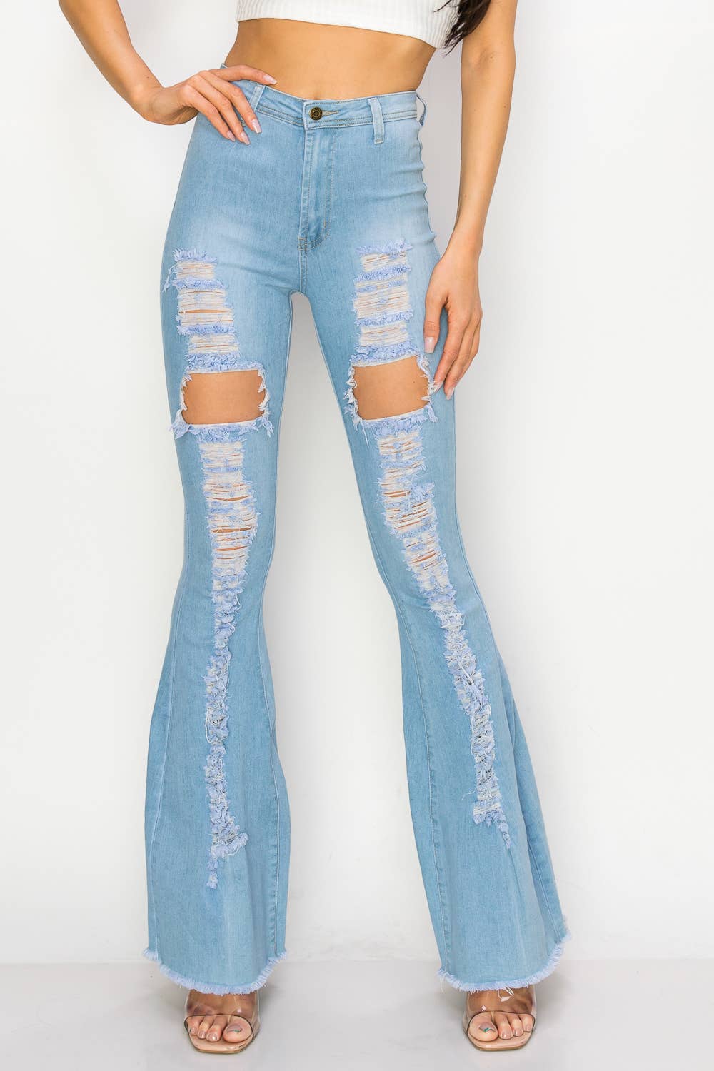 HIGH WAISTED DISTRESSED BELL BOTTOMS WOMEN JEANS