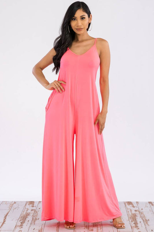 Spaghetti Strap Wide Leg Jumpsuit:PINK