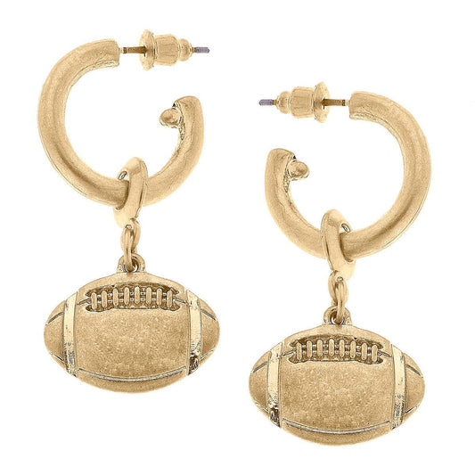 Game Day Football Drop Hoop Earrings in Worn Gold