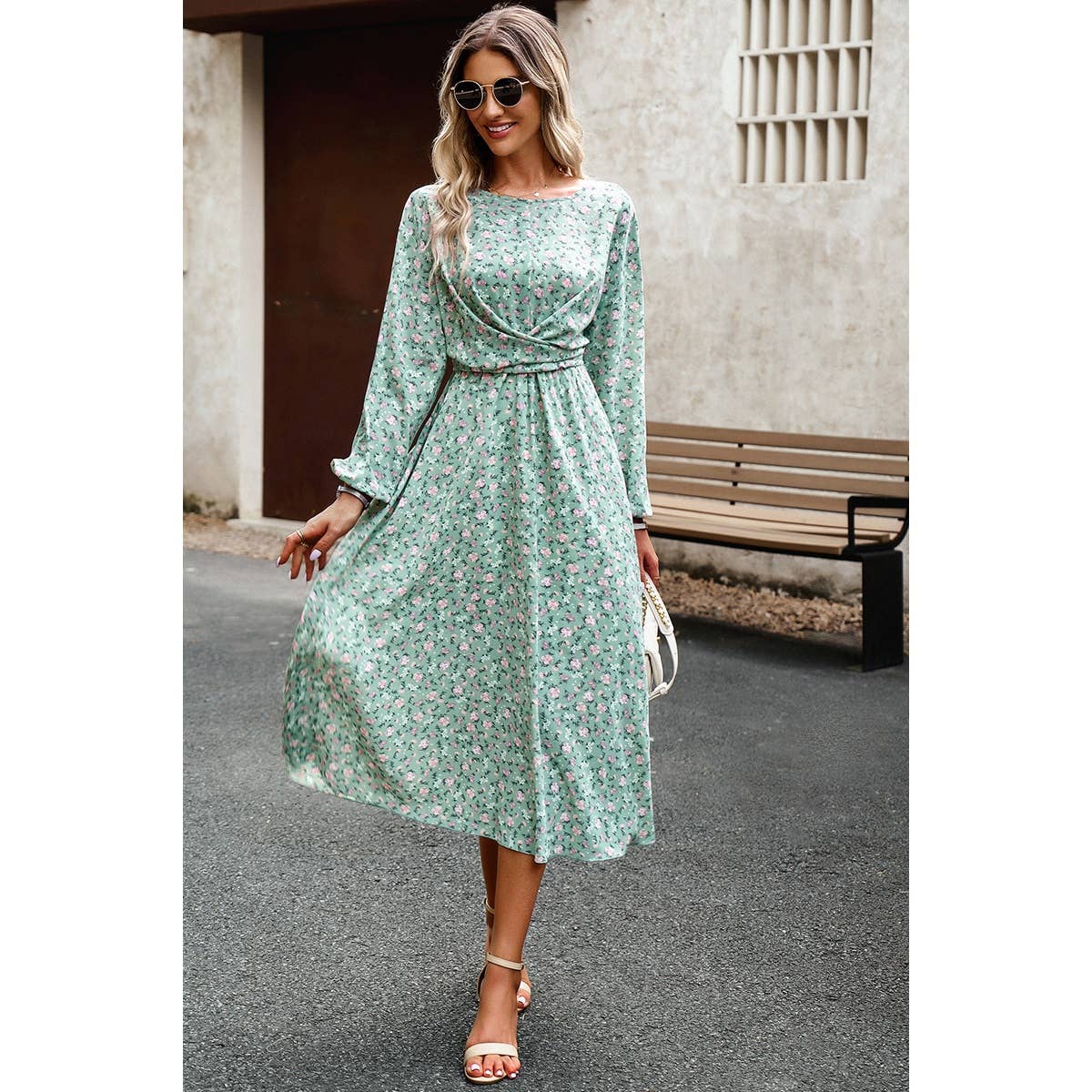 Floral Print Shirred Detail Ruffle Hem Dress: GREEN