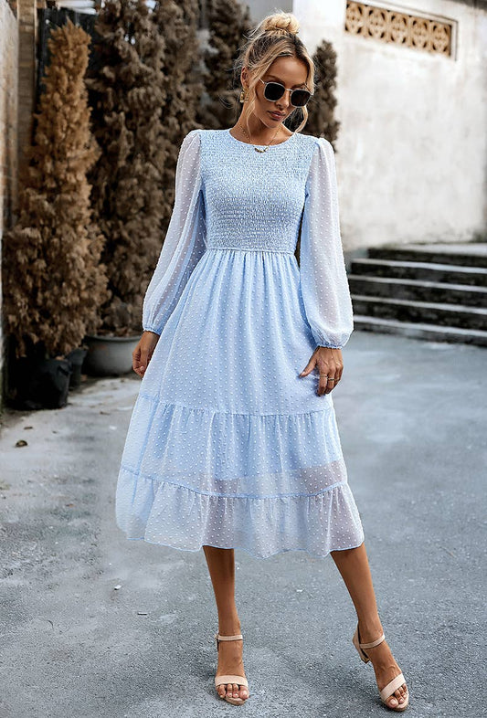 Women's Long Sleeve Flowy Tie Waist Boho Dress: BLUE