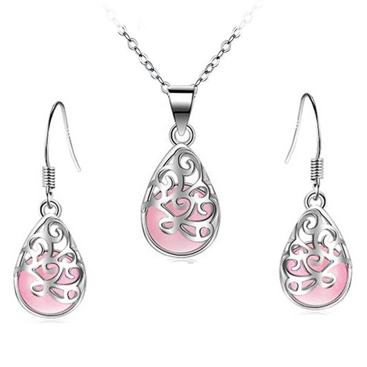 Hollow Tear Drop Moonstone Jewelry Set White Gold Plated