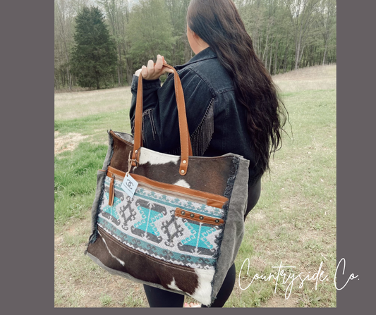 Cowhide Western Turquoise Weekender Travel Bag Myra