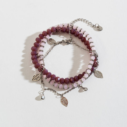 SALE - Faceted Bead Cutout Leaf Charm Layered Stretch Bracelet