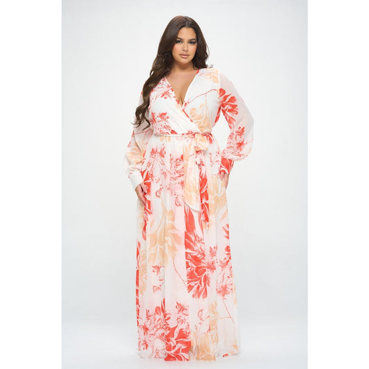 PLUS SIZE CHIFFON FLORAL SURPLICE MAXI DRESS