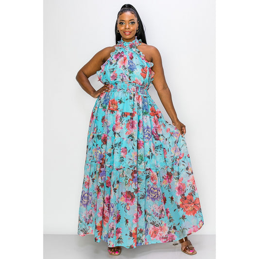 PLUS SIZE FLORAL PRINT TIERED RUFFLE TRIM HALTER MAXI DRESS