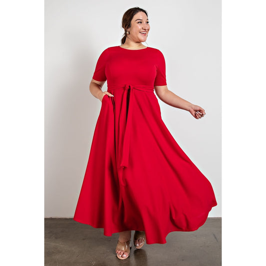 PLUS SIZE TIE WAIST FLARE MAXI DRESS WITH POCKETS