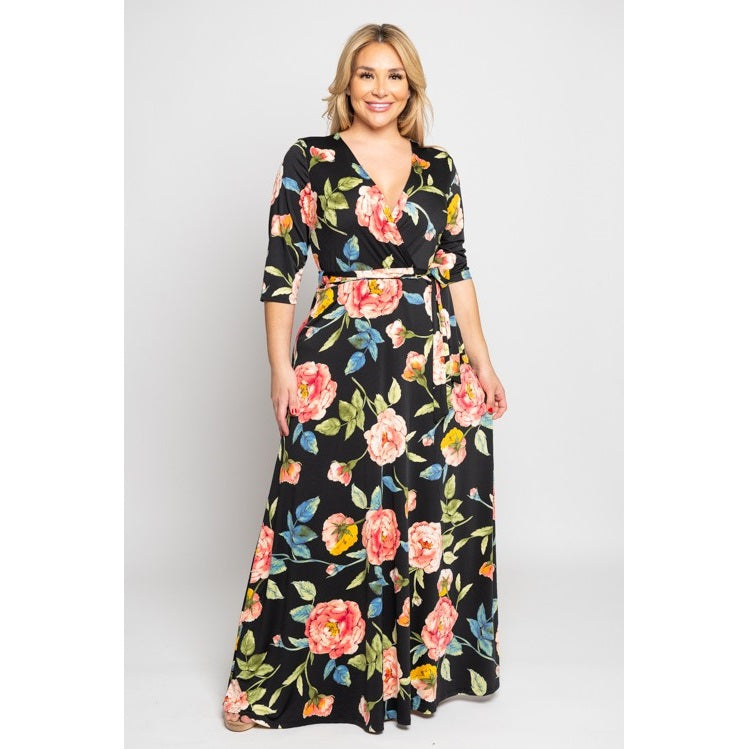 PLUS SIZE FLORAL SURPLICE MAXI DRESS